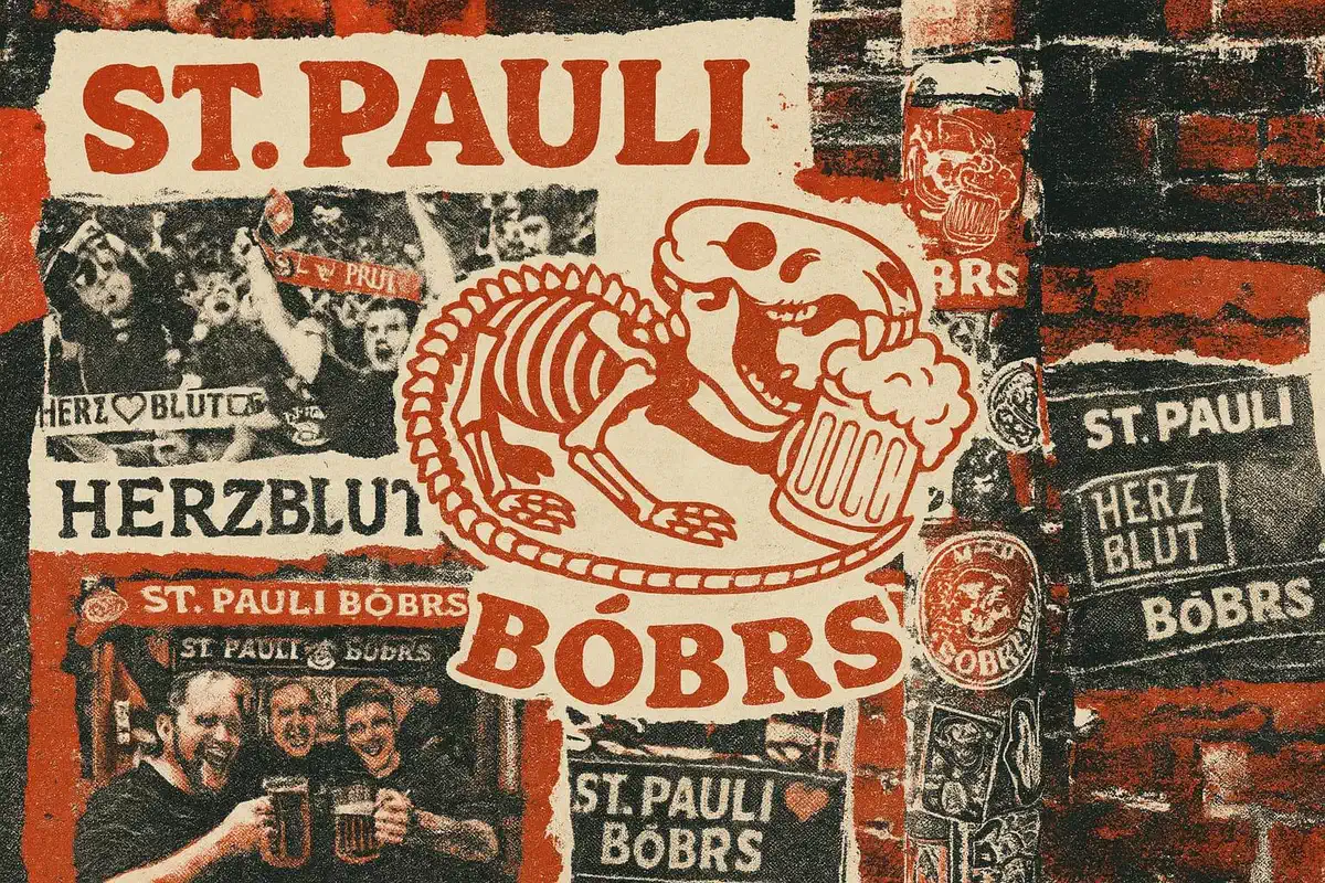 Plakatwand im Siebdruck-Look: das Bóbrs-Wappen mit Biberskelett, Herzblut-Aufkleber und Fotos aus der Fankurve
